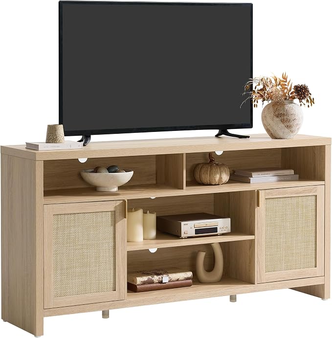SICOTAS 63" Rattan TV Stand for TVs up to 65" - 31.5" Tall TV Stands for Living Room Boho Entertainment Center with Large Storage and Doors, Modern Wood Media Console for Bedroom, Light Oak - Image 8