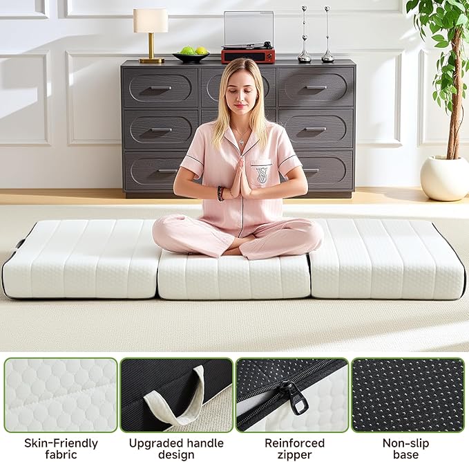 ROXGOX Foldable Mattress, Full Tri-Fold Memory Foam Mattress Topper with Washable Cover, Handle & Non-Slip Bottom, 4 Inch Portable Folding Bed for Guest, Yoga, Living Room, Camping - 73"x52"x4"