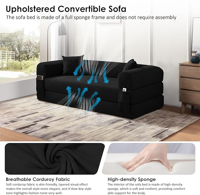 80" Convertible Sofa Bed, Corduroy Deep Seat Folding Pull Out Couch with Pillows, No Assembly Modern Boneless Couch Compression Sofa in Box, Floor Sofa with Storage Pocket for Living Room,Black