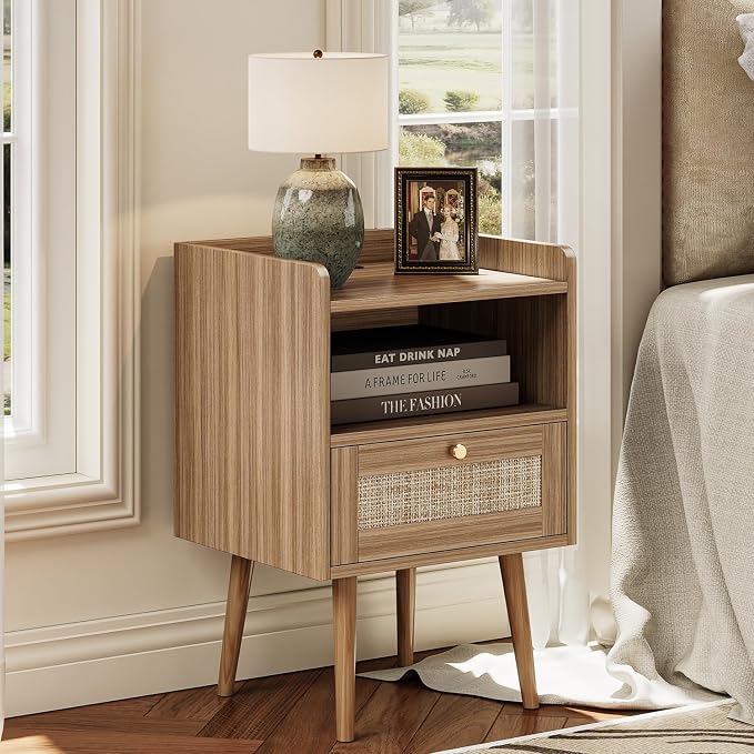 MECHYIN Night Stand Set 2, Nightstands Set of 2 with Charging Station, Rattan Side Tables with Solid Wood Legs, Boho Bedside End Table for Apartment Bedroom Dorm Small Space - Image 2