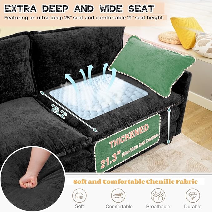 Modular Sectional Cloud Couch, 78" L Shaped Sectional Comfy Couchs for Living Room, 2 Seat Convertible Modular Sofa Couch with Ottomans for Living Room, Apartment, Black