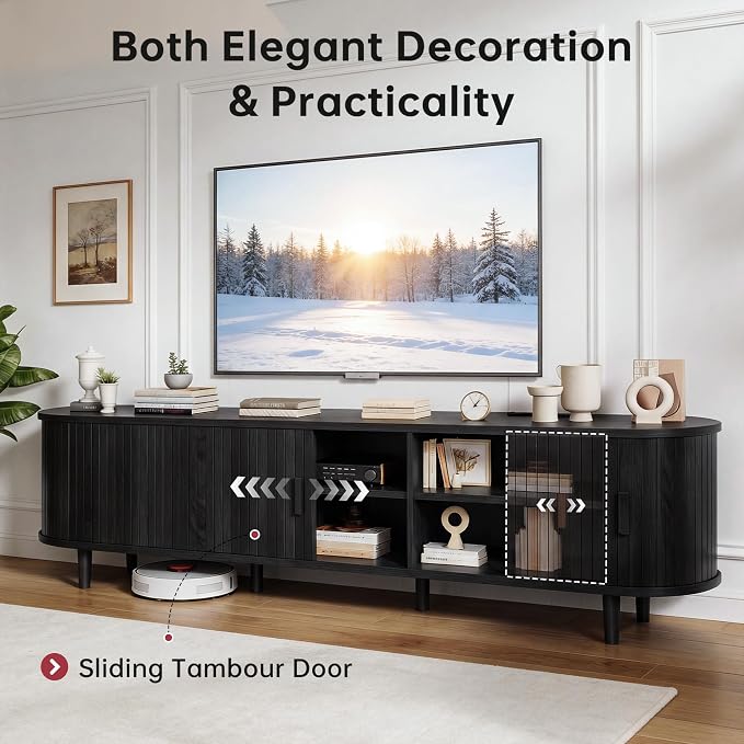 70" Mid Century Modern TV Stand, Wood TV Consoles with Sliding Doors and Power Outlet, Fluted Entertainment Center with Adjustable Shelves, Media Console for Living Room, Black - Image 4