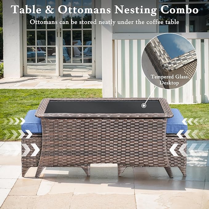 Luxury High Back Outdoor Furniture with 6-inch Extra Thick Cushions, Patio Furniture Set with Swivel Chairs, 10 PCS Wicker Conversation Set for Yard, Deck, Poolside, Brown/Blue