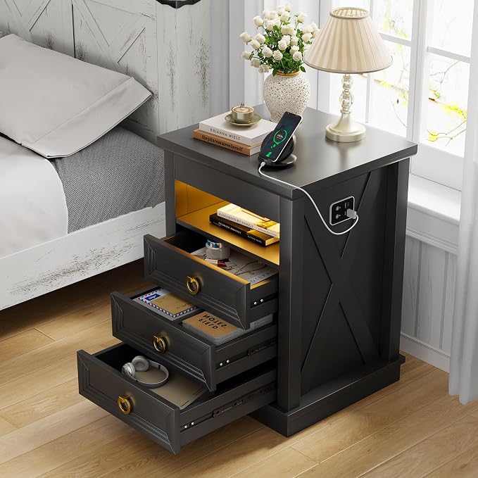 HNEBC Set of 2 Smart Night Stand with Gun Drawer,LED Nightstand with Charging Sation,Bedside Table with 3 Color Lights,End Table with Glass Desktop,3 Drawers,Bedroom,Black - Image 8