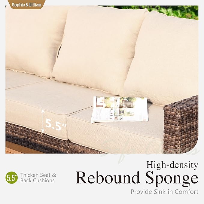Sophia & William Large Patio Furniture Set, 8 Piece Luxury Rattan Outdoor Sectional Furniture Set, Patio Conversation Set with 3 Armless, 2 Corner Sofa, 2 Single Sofa, 2 Coffee Table(Beige)