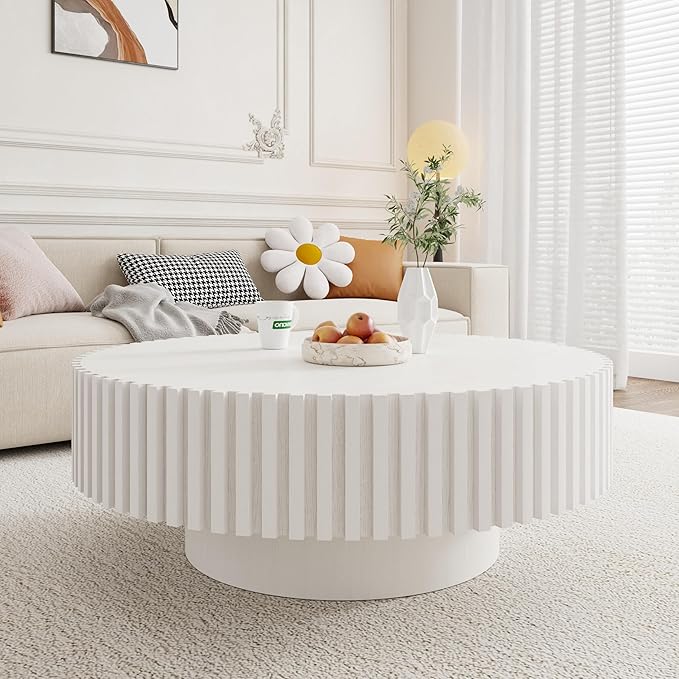39.37" White Round Coffee Table Wood, Modern Unique Circle Coffee Table, Contemporary Drum Fluted Coffee Table Accent End Side Table Center Table for Living Room, Small Space, Apartment