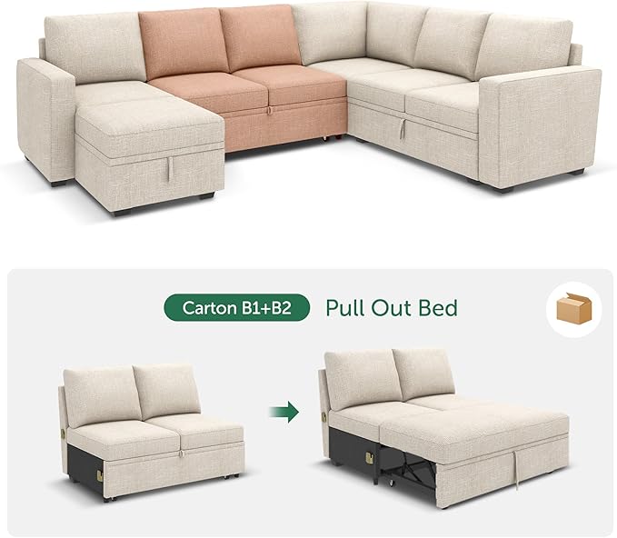 HONBAY Pull Out Bed for Modular Sectional Sleeper Sofa, Armless Loveseat with Pull Out Bed for Sectional Couch, Beige