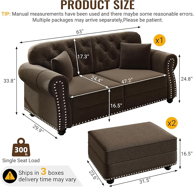KEIKI 63" Velvet Chesterfield Sofa with Rolled Arms & Nailhead Trim & 2 Ottoman, Modern 2-Seater Button Tufted Couch with High Resilience Cushion & 2 Pillow, Easy Assembly, for Living Room, Brown