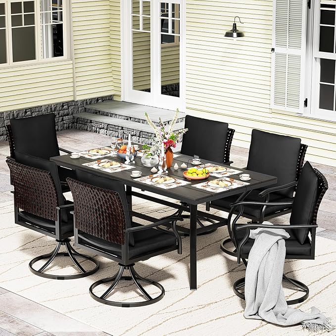 LEVELEVE 7 Piece Outdoor Patio Dining Set with 6 Swivel Dining Chairs & 1 Large Round Dining Table,Bistro Furniture Set for Lawn, Garden, Deck, Backyard and Porch by Enjoyyourlife