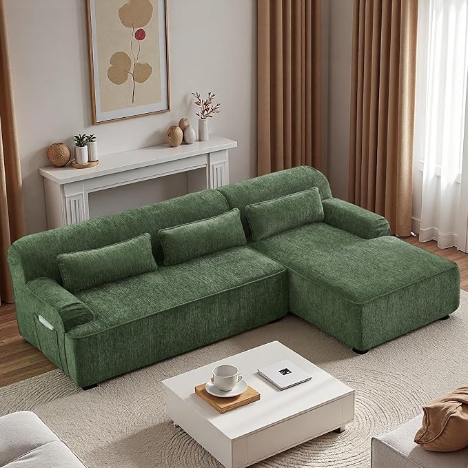 L-Shaped Sectional Sofa, Luxury Upholstered Chenille 3-Seater Sofa with Right Chaise Lounge & 3 Lumbar Pillows, Modern Comfy Oversized Couch with Side Pocket for Living Room, Apartment, Green