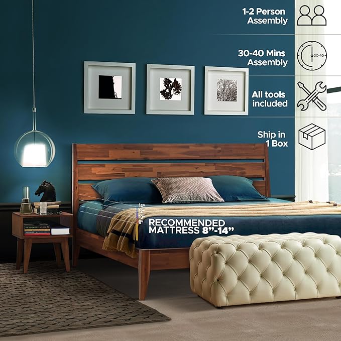 Acacia Emery King Solid Wood Platform Bed Frame with Headboard – Gift Matching Nightstand Included, Farmhouse Mid-Century Modern, Walnut Finish, Sturdy, No Box Spring Needed, Easy Assembly