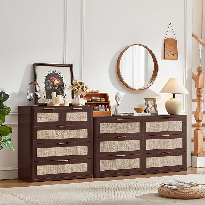 LEYAOYAO Rattan Dresser for Bedroom, 33.5" Tall Chest of Drawers, Modern 5 Drawers Boho Dressers with Storage, Vintage Brown Dresser Wooden Closet Organizer for Living Room, Hallway - Image 6