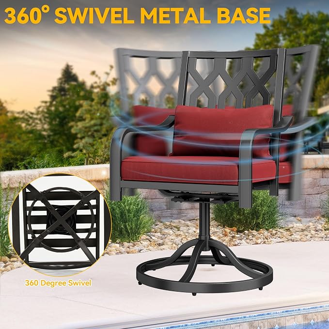 DWVO Swivel Patio Chairs Set of 12, Heavy-Duty Outdoor Swivel Chairs with 352lbs Capacity, All-Weather Metal Frame & Red Plush Cushions with Lumbar Pillow for Patio Deck Poolside Balcony Backyard - Image 3