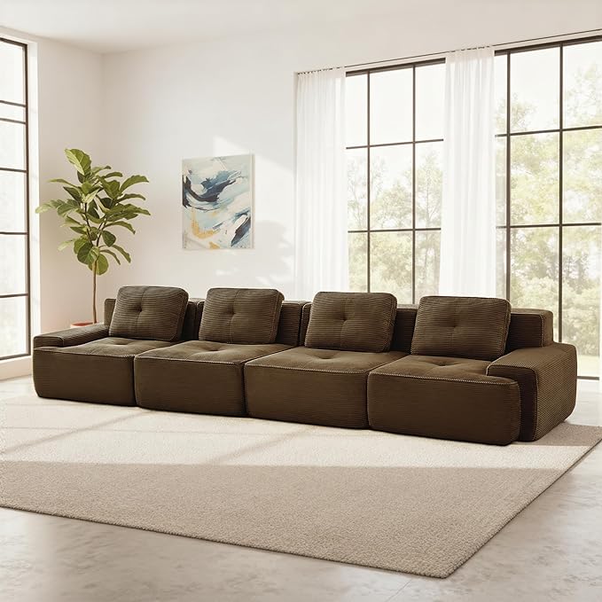 Casaphoria 150'' Brown Corduroy Cloud Couch, 4-Seater Boneless Sectional Sofa with 4 Pillows for Living Room, Deep Seat Sofa, No Assembly Required