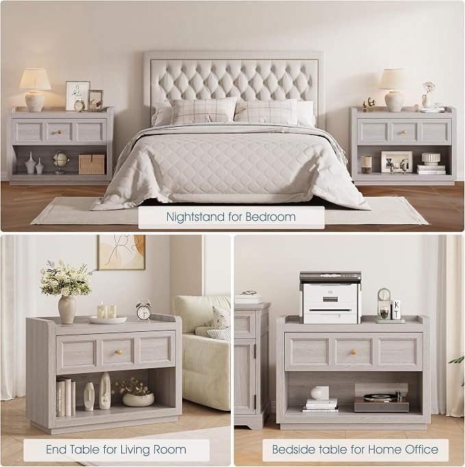 Fynar 31" Nightstands with Drawer Storage, Oversized King Size Night Stand Bedside Table, Farmhouse End Table with Round Corners for Bedroom Sofa Couch Home Office, Grey White Oak - Image 5