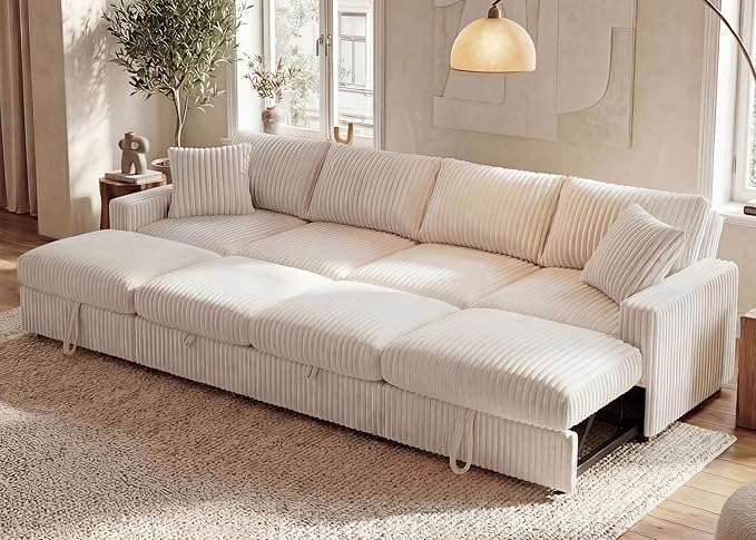 HONBAY 121.3 Inch Modular Sectional Sleeper Sofa with Pull Out Bed, Convertible L & U Shaped Couch with Storage & Adjustable Backrest, Velvet White