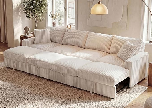 HONBAY 121.3 Inch Modular Sectional Sleeper Sofa with Pull Out Bed, Convertible L & U Shaped Couch with Storage & Adjustable Backrest, Velvet White
