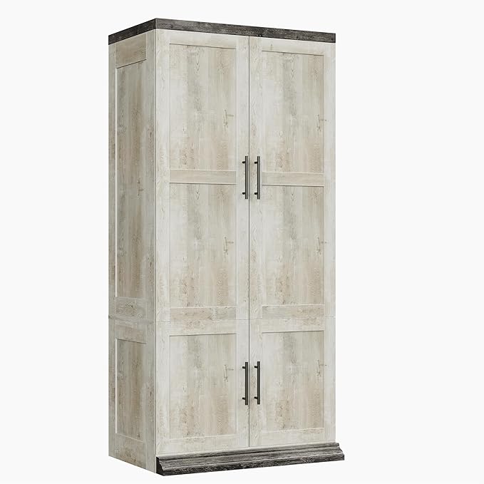 LIKIMIO Large Wardrobe Closet, Farmhouse Clothing Storage Cabinet with Hanging Rod and 2 Doors, Wooden Tall Bedroom Armoires with Storage Shelves, Rustic White