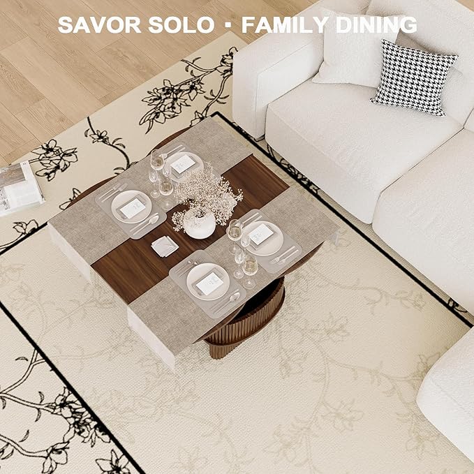 Lift Top Coffee Table with Large Storage,Lifting Converts to Dining Table,Oval Pop Up Coffee Table Fluted Wood Center Table for Living Room,Fully Assembled Space-Saving for Eating&Laptops