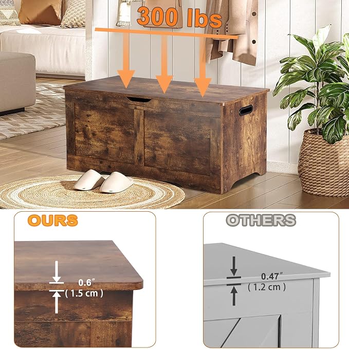 Timberer 39.4" Storage Chest, Wooden Storage Bench, Lift Top Toy Chest with 2 Safety Hinges, Large Toy Box, Entryway Bench for Living Room, Bedroom, Rustic Brown - Image 5