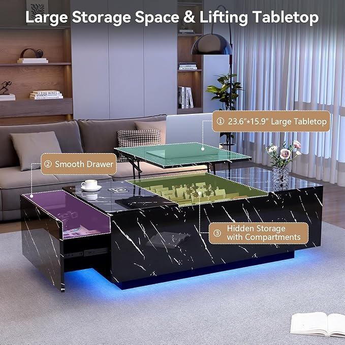 47" Modern LED Coffee Table with Lift Top, All Black Coffee Table with Storage High Gloss Surface, Hidden Storage with Drawer, Open Shelves, and Built-in Power Outlet for Living Room