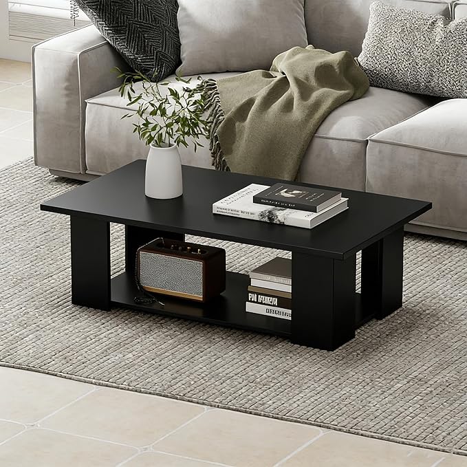 Giantex Rectangle Wood Center Table, 41 Inch 2-Tier Large Modern Tea Table w/Open Compartment, Easy Assembly, Accent Coffee Table for Living Room, Reception Room, Black