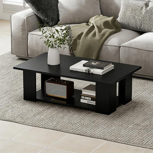 Giantex Rectangle Wood Center Table, 41 Inch 2-Tier Large Modern Tea Table w/Open Compartment, Easy Assembly, Accent Coffee Table for Living Room, Reception Room, Black