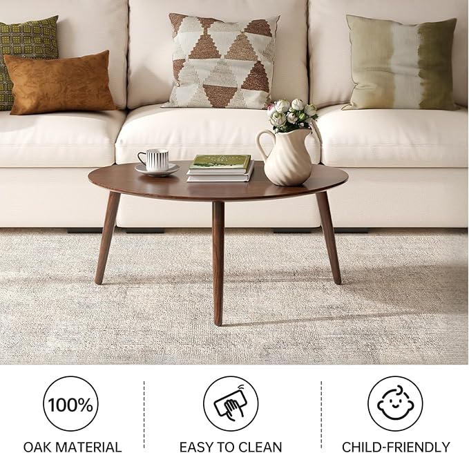 Small Oval Coffee Table, 100% Solid Wood Coffee Tables Mid Century Modern Table for Living Room, Side Table End Tables for Home (Walnut Wood Color, 25.59''x17.51''x19.68'')