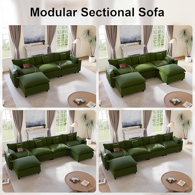 116" Modular Sectional Sofa, U Shaped Cloud Couch with Movable Ottoman, Chenille Deep Seat Cloud Sofa with Charging Station, Cup Holder, Side Pocket, Sectional Couches for Living Room, Green