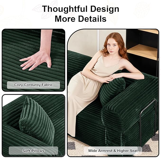 83'' Boneless Couch in A Box, No Assembly Needed Sofa Bed Couch 3 Seater Corduroy Modern Cloud Sofa 29'' Deep Seat with 2 Pillows & Removable Backrest for Living Room, Bedroom, Apartment, Dark Green | No Assembly Needed, High Density Foam, Removable Ba...