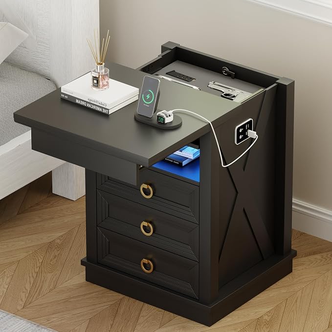 Lvifur Farmhouse Nightstand with Gun Drawer, Human Sensor LED Bedside Table with LED Lights & Charging Station, Rustic Wood Sofa Side End Table with 3 Drawers for Bedroom (Black) by LVifur
