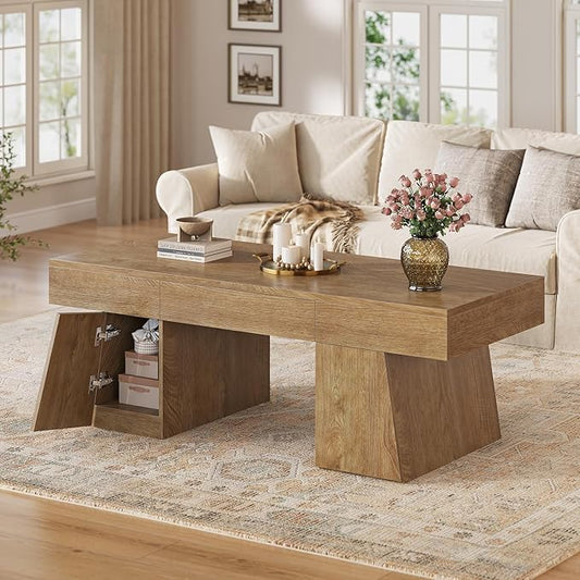 47 Inches Coffee Table with Storage, Wood Mid Century Modern Center Table with Hidden Drawer & Cabinet, Rectangle Coffee Tables for Living Room, Rustic Low Cocktail Tea Furniture Oak