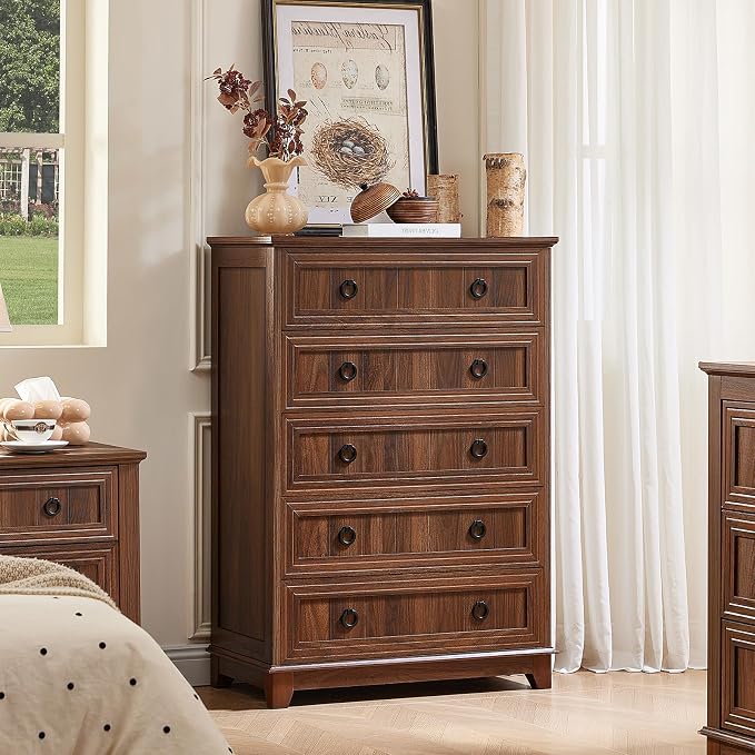 Joaxswe Farmhouse 5 Drawer Dresser for Bedroom Set of 2, 42" Tall Small Dressers & Chest of Drawers, Rustic Wood Dresser with Metal Handle, Storage Organizer Closet for Living Room, Hallway,Entryway - Image 5