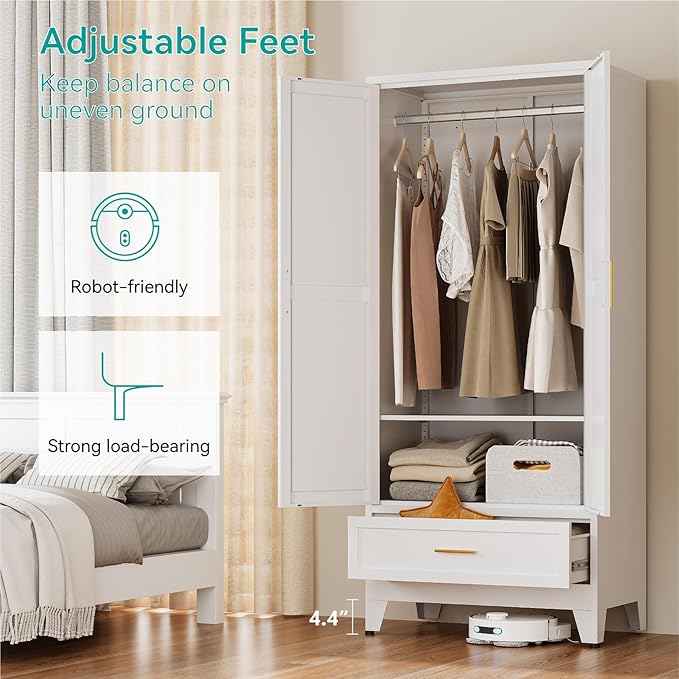 71" Tall Metal Armoire Wardrobe Closet,17.7" Deep By 31.5" Wide Portable Closet for Hanging Clothes,Wardrobe Cabinet with Drawer and Shelve for Bedroom Office Garage,White 1 Pack