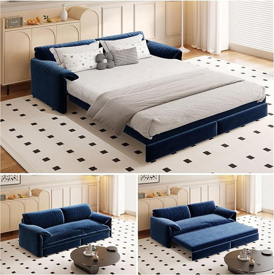 66" Queen Size Pull Out Sofa Bed, 3-in-1 Convertible Sleeper with Side Storage and Wheels, Velvet Loveseat for Living Room, Apartment, Bedroom, Blue (Mattress & Bedding Not Included)