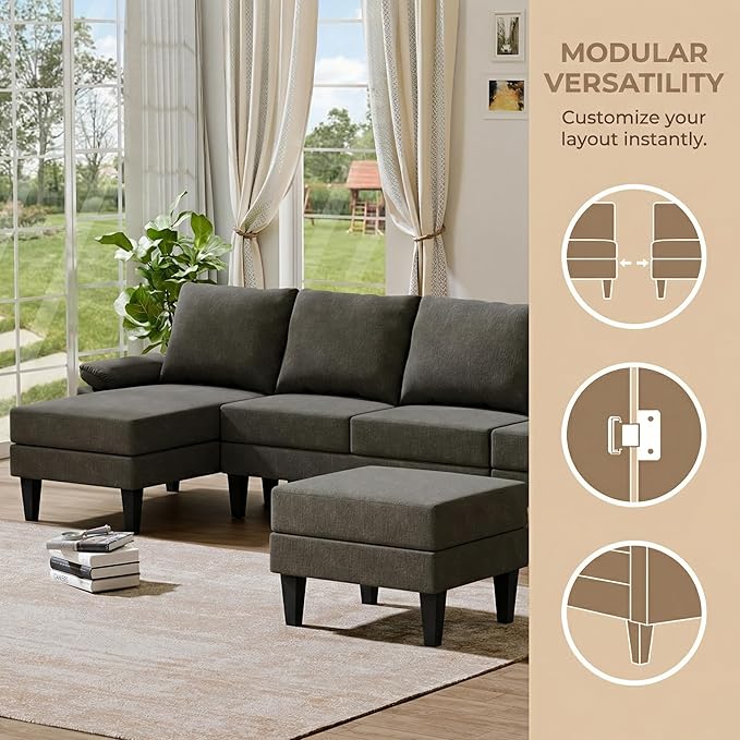 4-Seat U-Shaped Modular Sofa with Double Storage Ottoman - Space-Saving Convertible Lounge Couch for Home & Office, Brown Grey