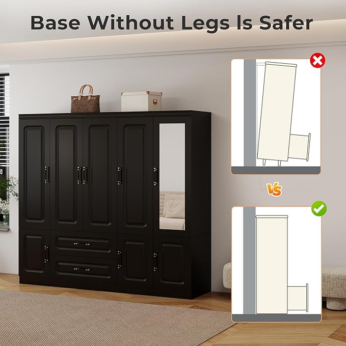 GraceGrove Armoire Wardrobe Closet with Mirror and 2 Drawers, Bedroom Cabinet with 5 Doors and Hanging Rods, Wood Wardrobe Closet with Large Storage, Armoires and Wardrobes for Bedroom Black