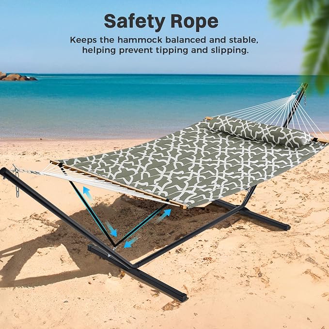 SUPERJARE Hammock with Stand, 2 Person Quilted Outdoor Hammock, Detachable Pillow & Bamboo Spreaders, Portable with Carrying Bag, Heavy Duty Stand, Perfect for Outside, Patio, Grey with White Flower - Image 5