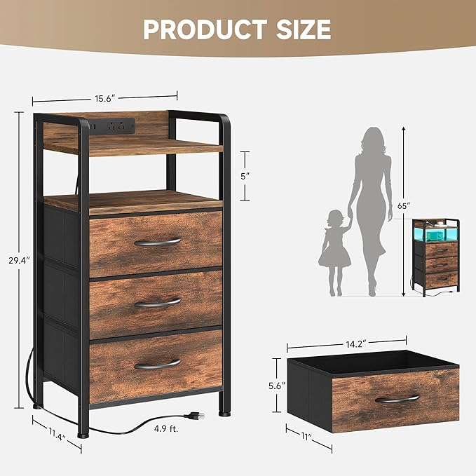Lazzanto Night Stand Bedside Table Bedroom - Tall Nightstand with Charging Station & LED Light Strip, Bed Side Table with Storage Shelf & 4 Drawers, End Table with U-S-B Ports & AC Outlets, Brown - Image 3