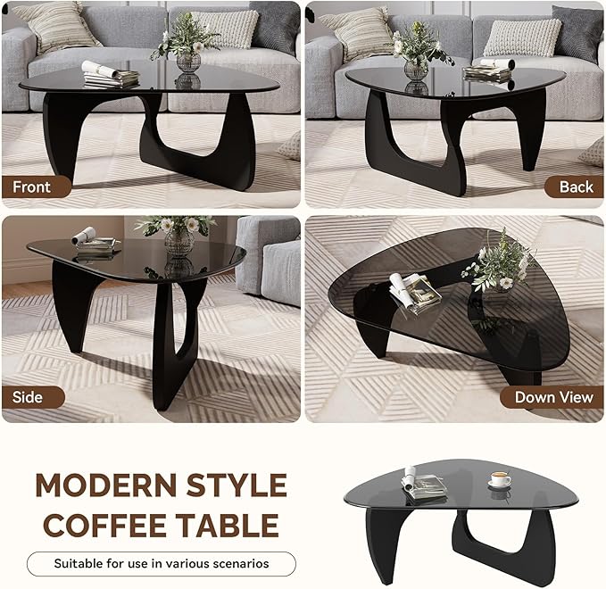 Modern Glass Coffee Table, Triangle Center Table with Tempered Glass Top& Unique Wooden Base, 42.5” Mid Century Tea Tables for Living Room, Apartment, Office,Black & Grey