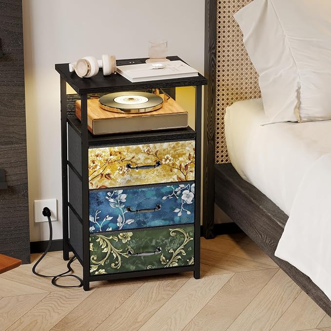 Fixwal Night Stand with Charging Station, LED Nightstand with U-S-B Ports and Outlets, 3 Fabric Storage Drawers with PU Finish, Bedside Table, Vintage Flower - Image 7