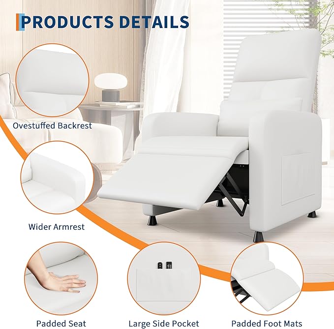 GarveeHome Power Recliner Chair with Massage and Heat, Adjustable Electric Recliner Ergonomic Overstuffed PU Leather Single Sofa, 2 Side Pockets and USB Port, Home Theater Seating for Living Room