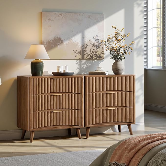 Evermagin 31.5" W Oversized Nightstands Set of 2, Walnut Fluted Night Stand, Tall Large 3 Drawers Bedside Table, Mid Century Modern Side Table for Bedroom - Image 6
