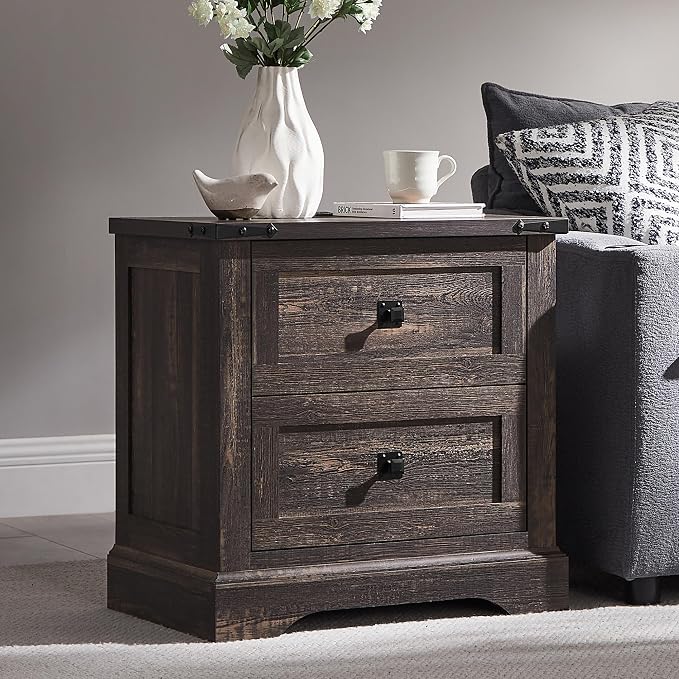 T4TREAM 24" Farmhouse Nightstand with Charging Station Set of 2, Large End Table with 2 Storage Drawers, Rustic Wood Sofa Bedside Table for Bedroom, Dark Rustic Oak - Image 4