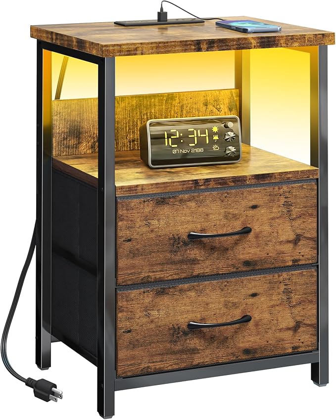 Fixwal Night Stand with Charging Station, LED Nightstand with U-S-B Ports and Outlets, 2 Fabric Storage Drawers with PU Finish, Bedside Table, Rustic Brown by Fixwal