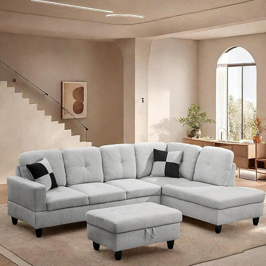 FONTOI L Shaped Sectional Couch with Otttoman, 103" Sectional Sofa for Living Room Flannel Modular Couches with Cup Holders for Bedroom, Apartments, Light Grey
