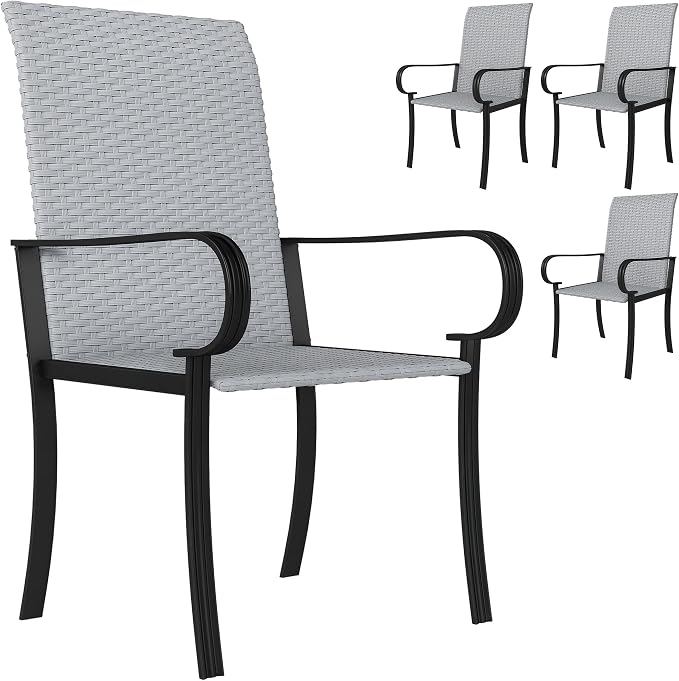 Outsunny Set of 4 Outdoor Wicker Dining Chairs, All-Weather Rattan Armchairs with Armrests, Steel Frame, High Back and Deep Seating, for Garden, Patio, Deck, Yard, Poolside, Gray by Outsunny