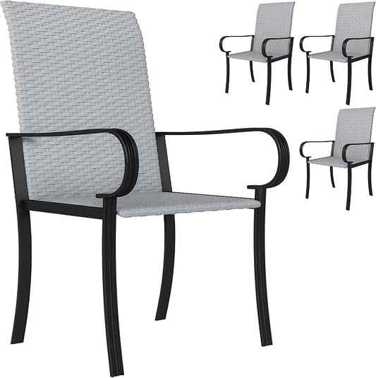 Outsunny Set of 4 Outdoor Wicker Dining Chairs, All-Weather Rattan Armchairs with Armrests, Steel Frame, High Back and Deep Seating, for Garden, Patio, Deck, Yard, Poolside, Gray by Outsunny