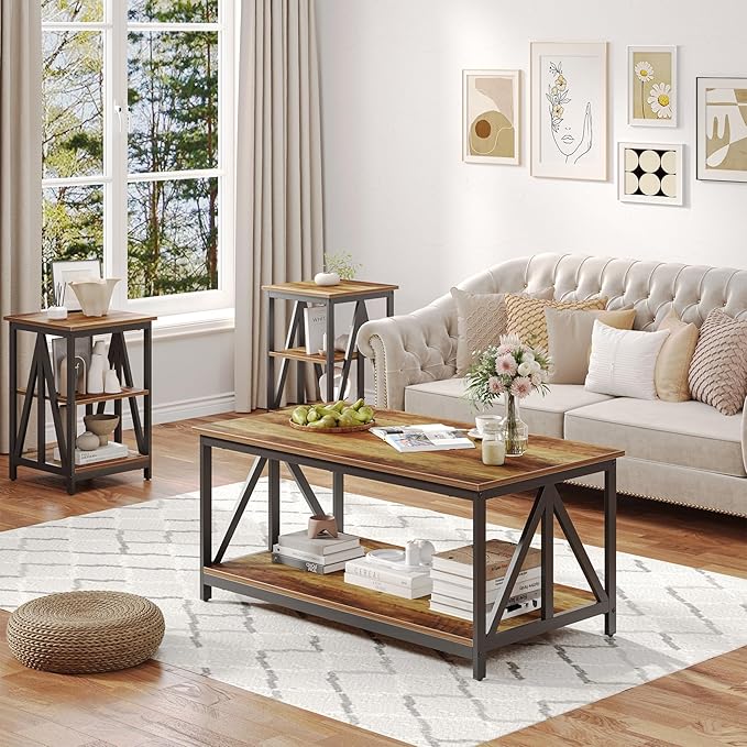 Bigbiglife Living Room Coffee Table Set of 3, Industrial X-Design Coffee Table and 2 End Side Tables, 3 Piece Living Room Table Set with Large Storage for Apartment Home (Wood Grain)