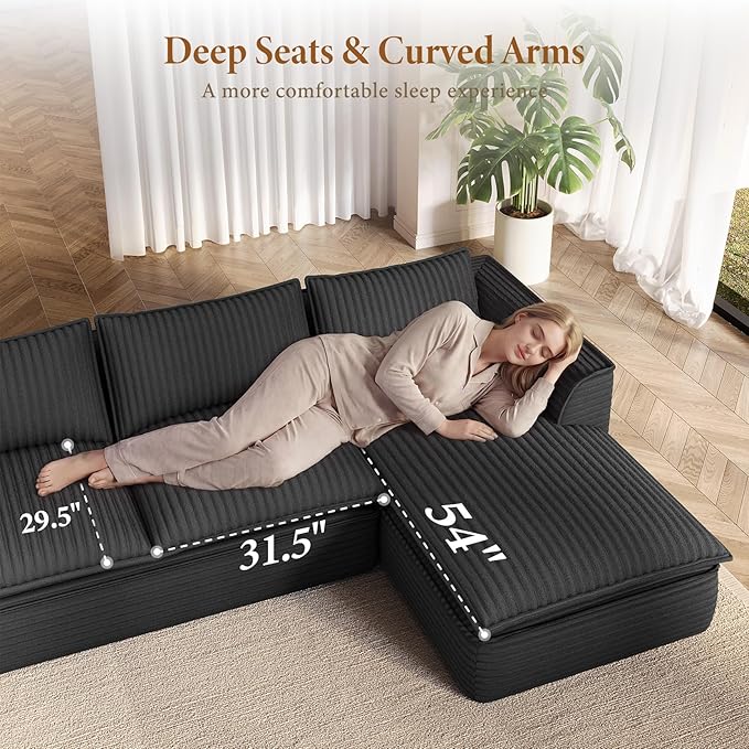 Vesgantti 141.7" U Shaped Sectional Boneless Couch, Modern 6 Seater Modular Sofa with Chaise & Ottoman, Deep Seat Plush Corduroy Cloud Couches for Living Room, No Assembly Required, Dark Gray